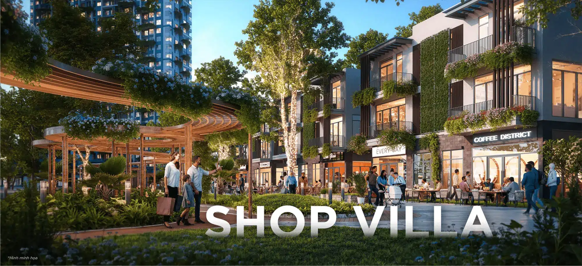 Shop Villa Coffee District và không gian F&B đẳng cấp, kiến trúc gỗ ấm cúng tạo nên phong cách sống cộng hưởng độc đáo Mỗi Shop Villa đơn lập đều được bao quanh bởi không gian xanh riêng, tạo ra môi trường kinh doanh trong lành và gần gũi với thiên nhiên