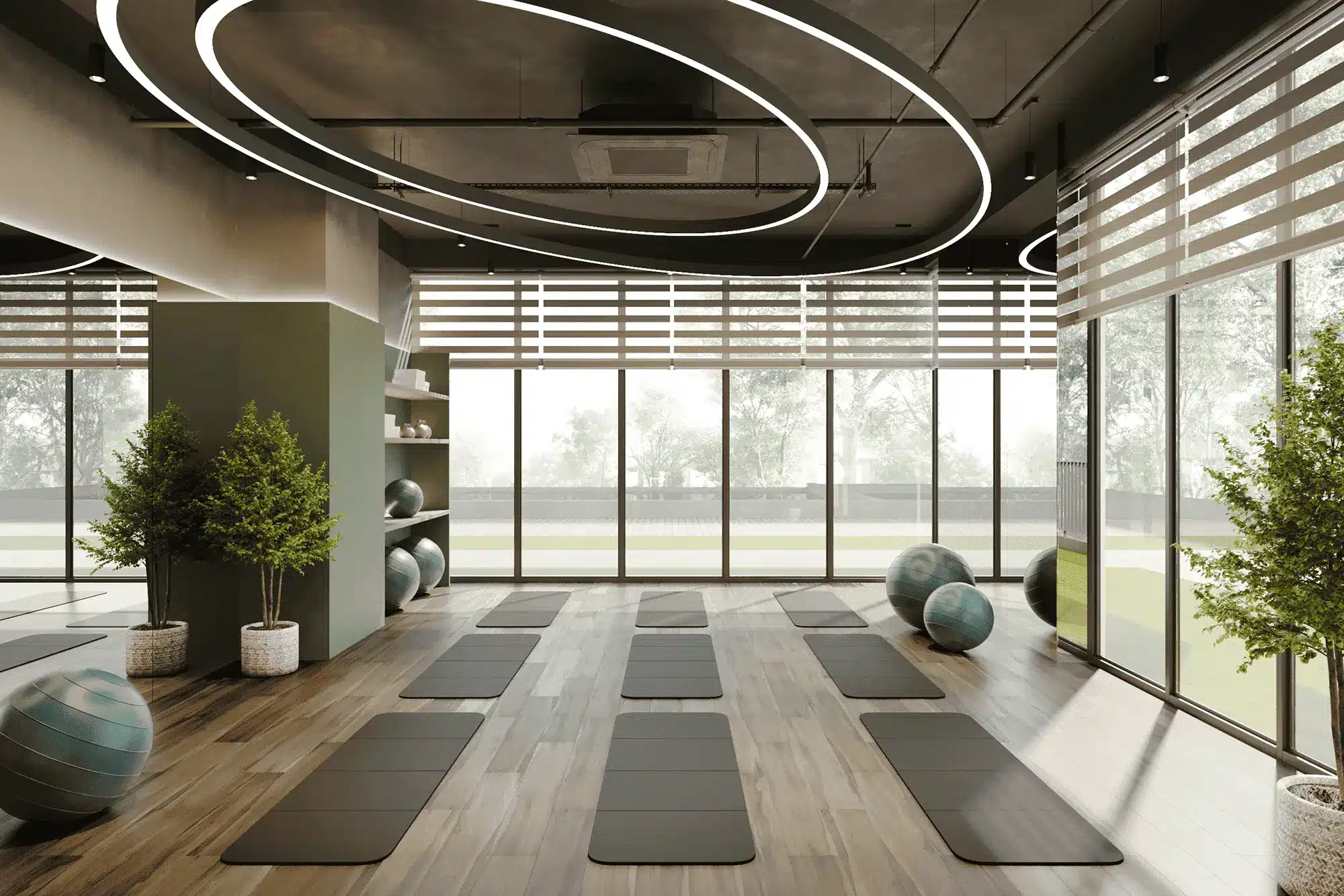Phòng tập yoga với cửa sổ tràn ánh sáng, nhìn ra rừng xanh, nơi thư giãn và tái tạo năng lượng hoàn hảo Phòng tập yoga với cửa sổ tràn ánh sáng, nhìn ra rừng xanh, nơi thư giãn và tái tạo năng lượng hoàn hảo